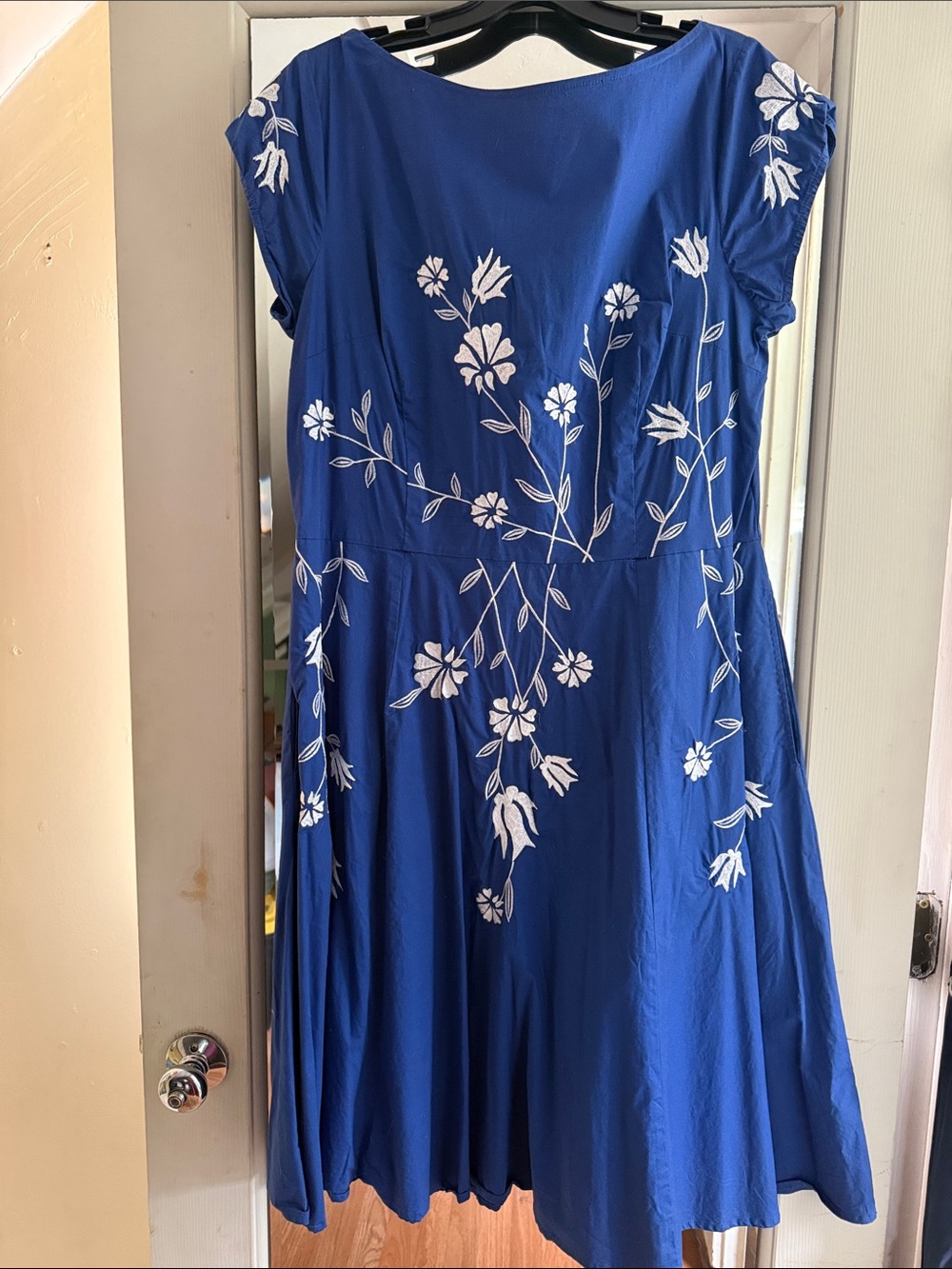 eshakti Royal Blue Midi Dress with White Floral Embroidery